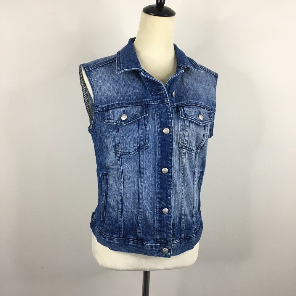 BEBE Blue Medium/Light Wash Flap Pockets Logo Buttons Denim Vest